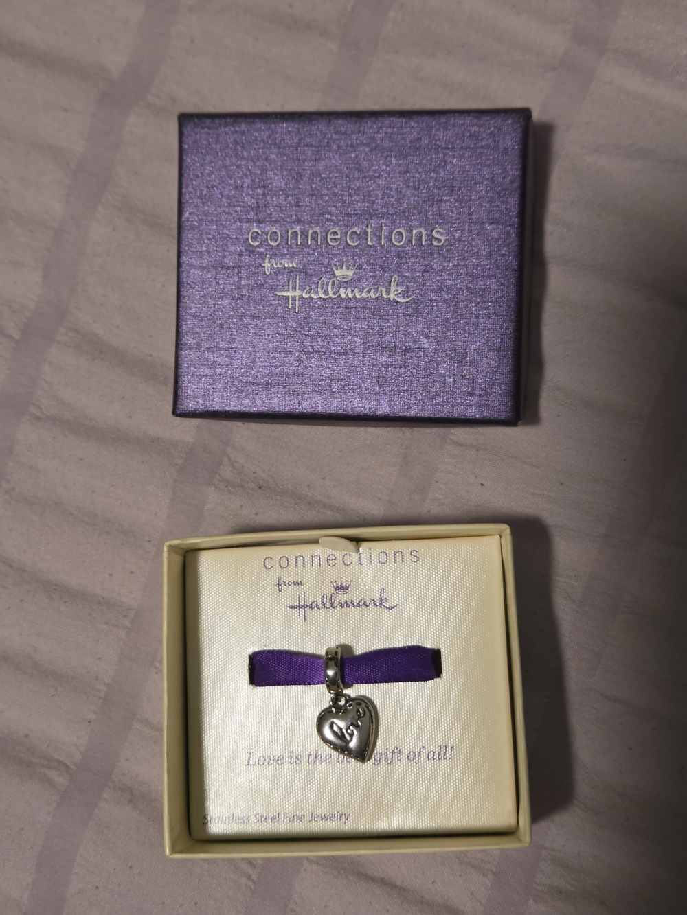 Hallmark Silver Heart Charm Pendant with Purple Ribbon